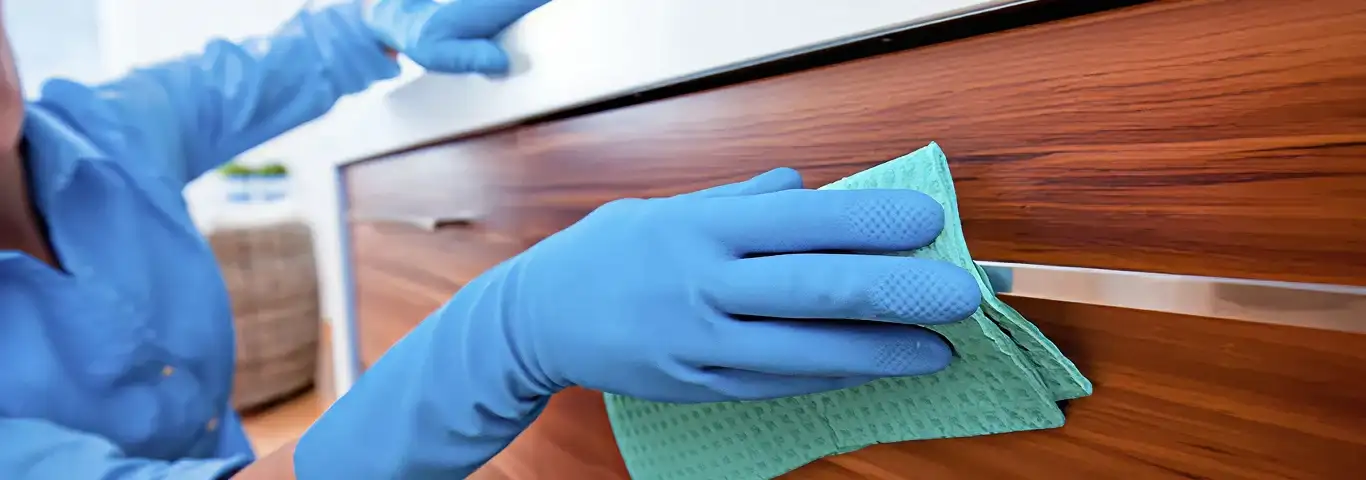 Cleaner wearing blue gloves wiping a wooden cabinet drawer with a microfiber cloth for dust and grime removal, Pasadena, CA.