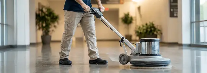 Professional technician using an industrial floor buffer to polish and maintain shiny commercial flooring in a corporate hallway in Pasadena, CA.