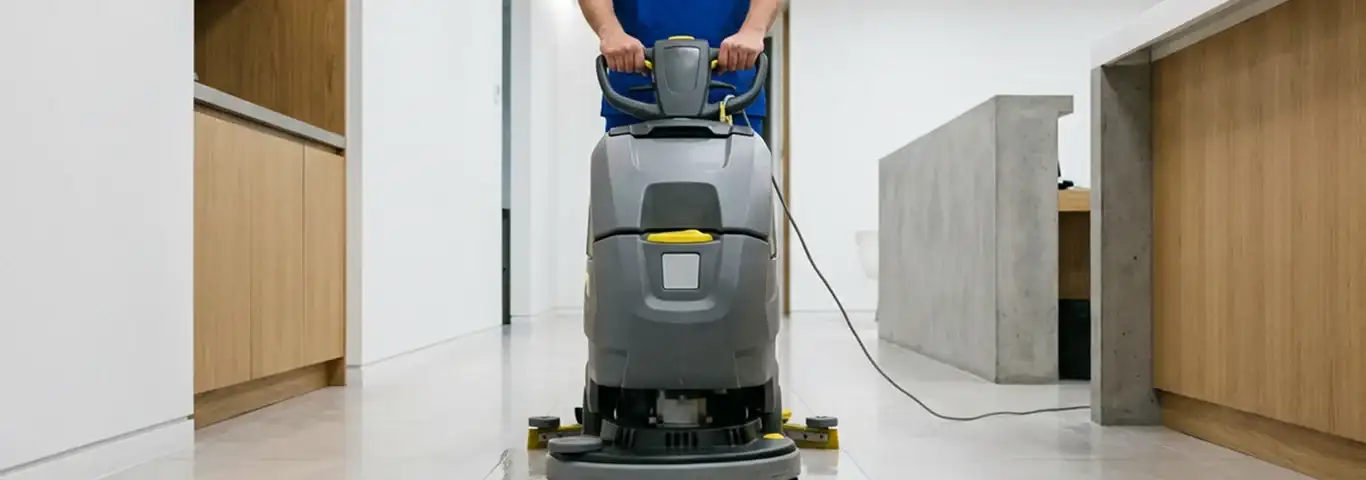 Janitorial staff using a floor scrubber machine to clean a commercial hallway, Pasadena, CA.