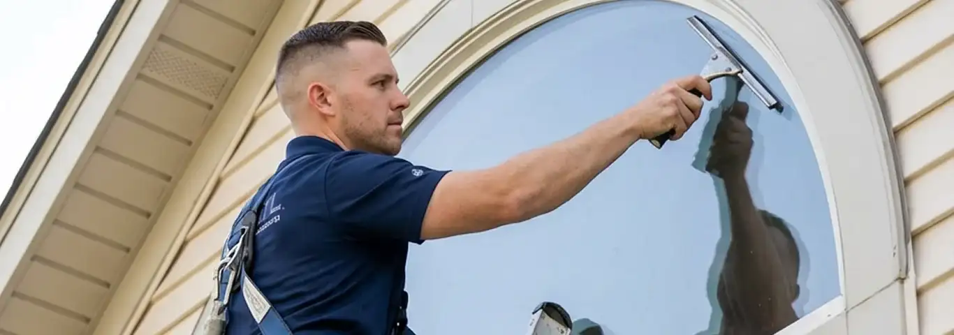 Professional window cleaner using a squeegee to clean an exterior arched window on a home, Pasadena, CA.