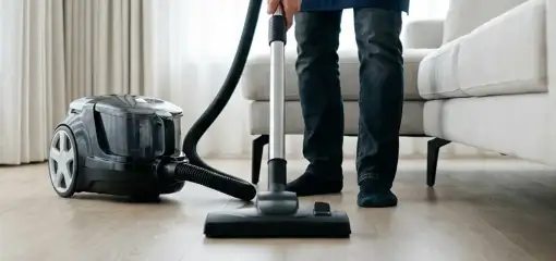 Professional house cleaner vacuuming a living room floor with a canister vacuum cleaner, Pasadena, CA.