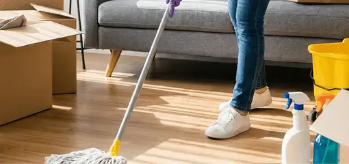 Move-out cleaning setup with a cleaner mopping hardwood floors near moving boxes and cleaning supplies, Pasadena, CA.