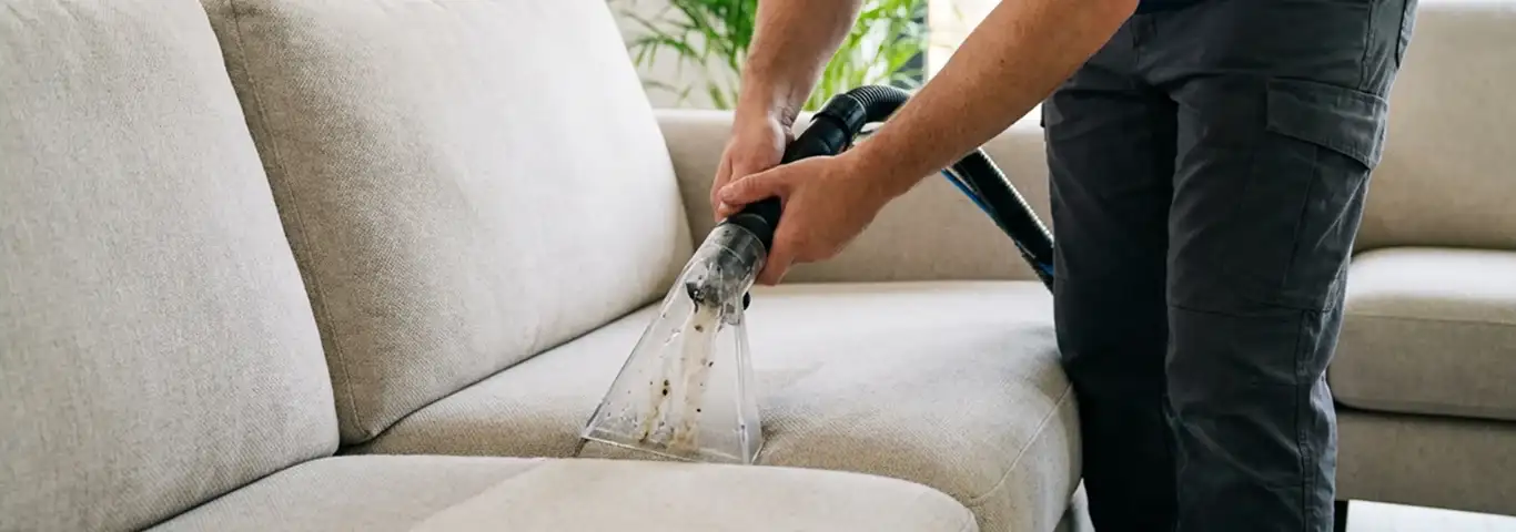 Technician extracting dirt and moisture from a fabric sofa with an upholstery cleaning wand, Pasadena, CA.