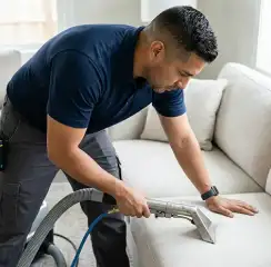 Professional upholstery cleaning technician using an extraction wand to deep-clean a fabric sofa, Pasadena, CA.