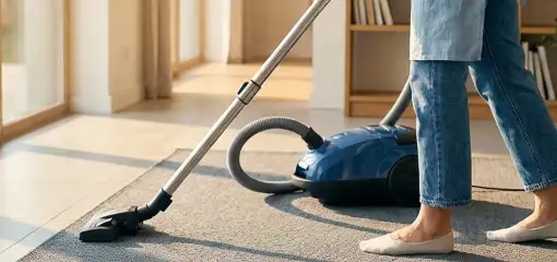 Person vacuuming a living room rug with a canister vacuum cleaner near large windows, Pasadena, CA.